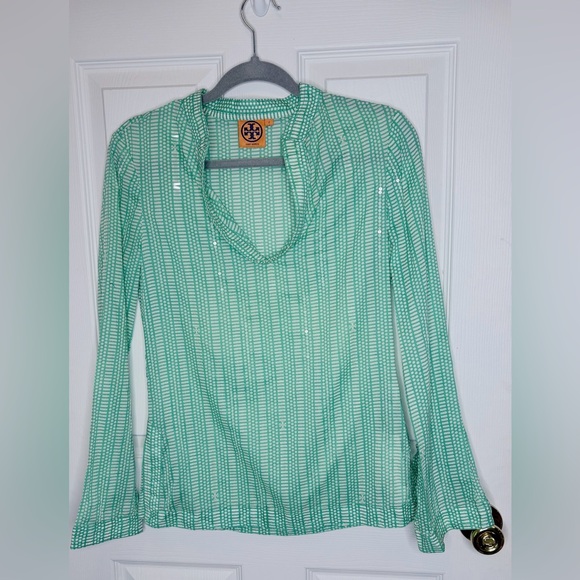 Tory Burch Tops - Tory Burch Green Printed Long Sleeve Blouse | Lightweight Tunic Top Size 2